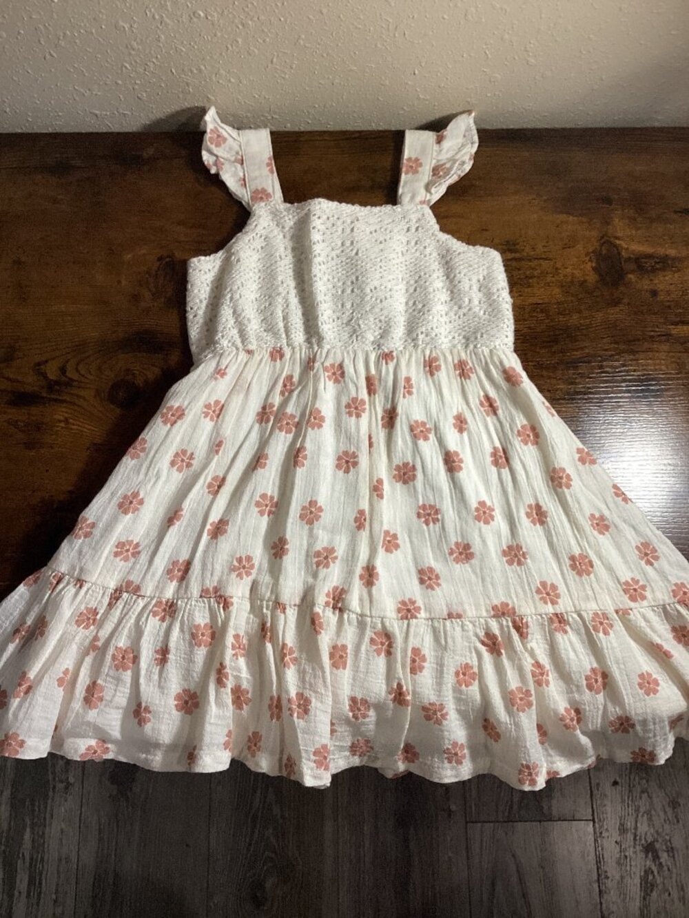 Girls Ivory & Dusty Pink Floral Tiered Sundress with Crochet Bodice